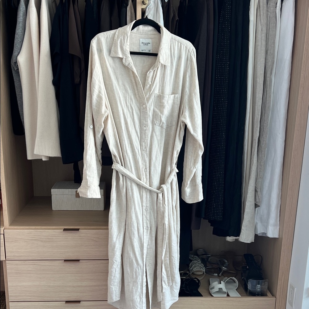 Abercrombie & Fitch Beige Linen Blend Shirt Dress size L tall